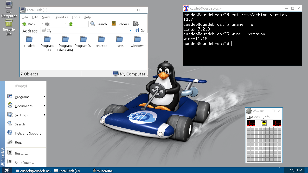 C:\Deb desktop with a file manager, a terminal showing Debian and Wine versions, and WineMine